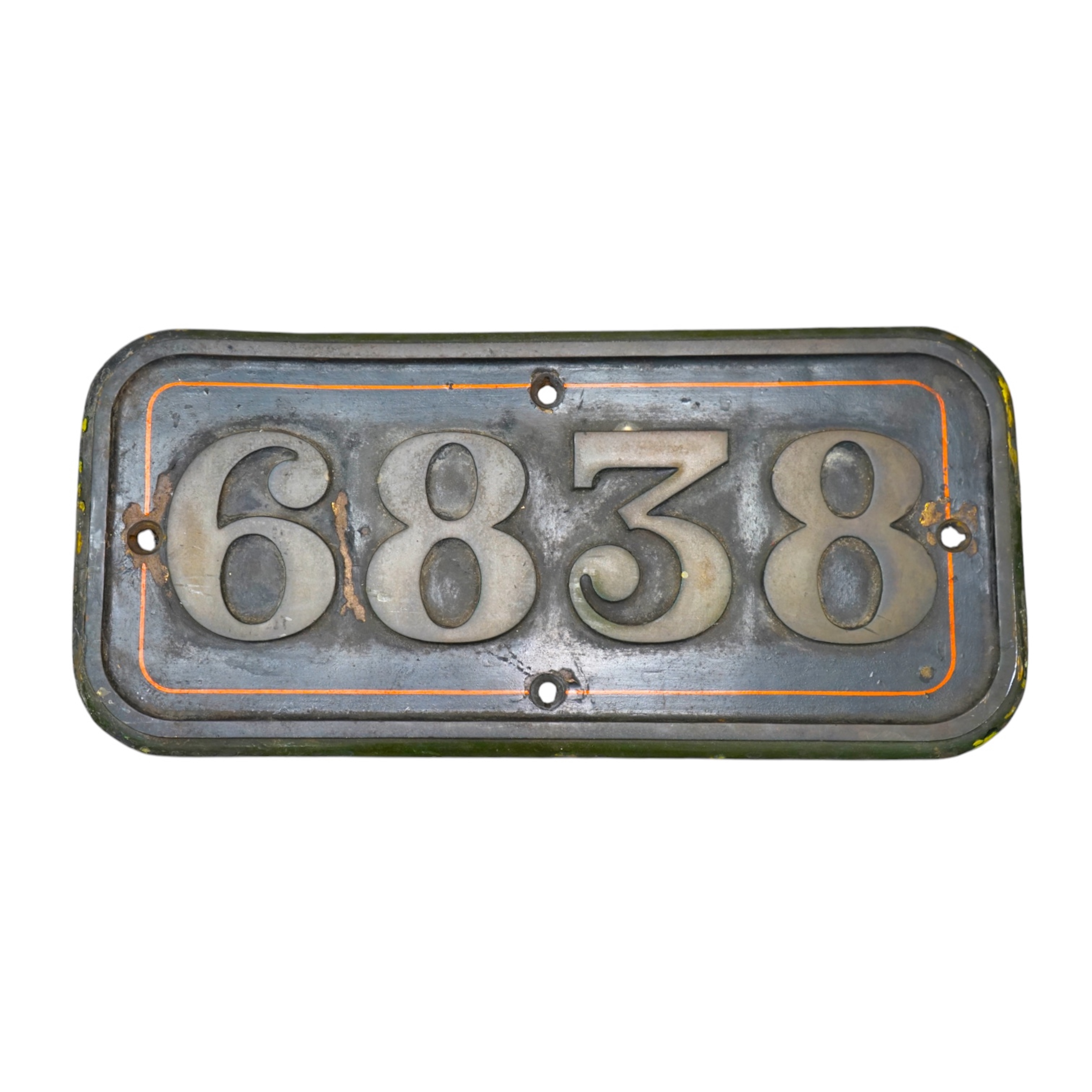 A cast iron GWR locomotive cab side number plate for a Grange Class 4-6-0 tender locomotive, Goodmoor Grange 6838, built in September 1937 and withdrawn by BR in November 1965, dimensions; 64cm x 30cm. Condition - fair,